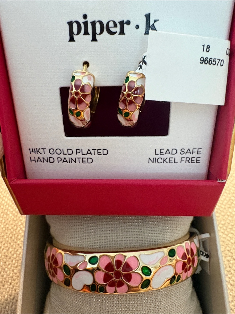 Piper k Gold-Plated Pink Floral Enamel Bracelet with Matching Hoop Earrings